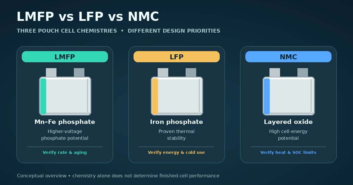 LMFP vs LFP vs NMC Pouch Cell Chemistry Overview LMFP, LFP and NMC pouch cell chemistry comparison showing their cathode families and main design priorities.