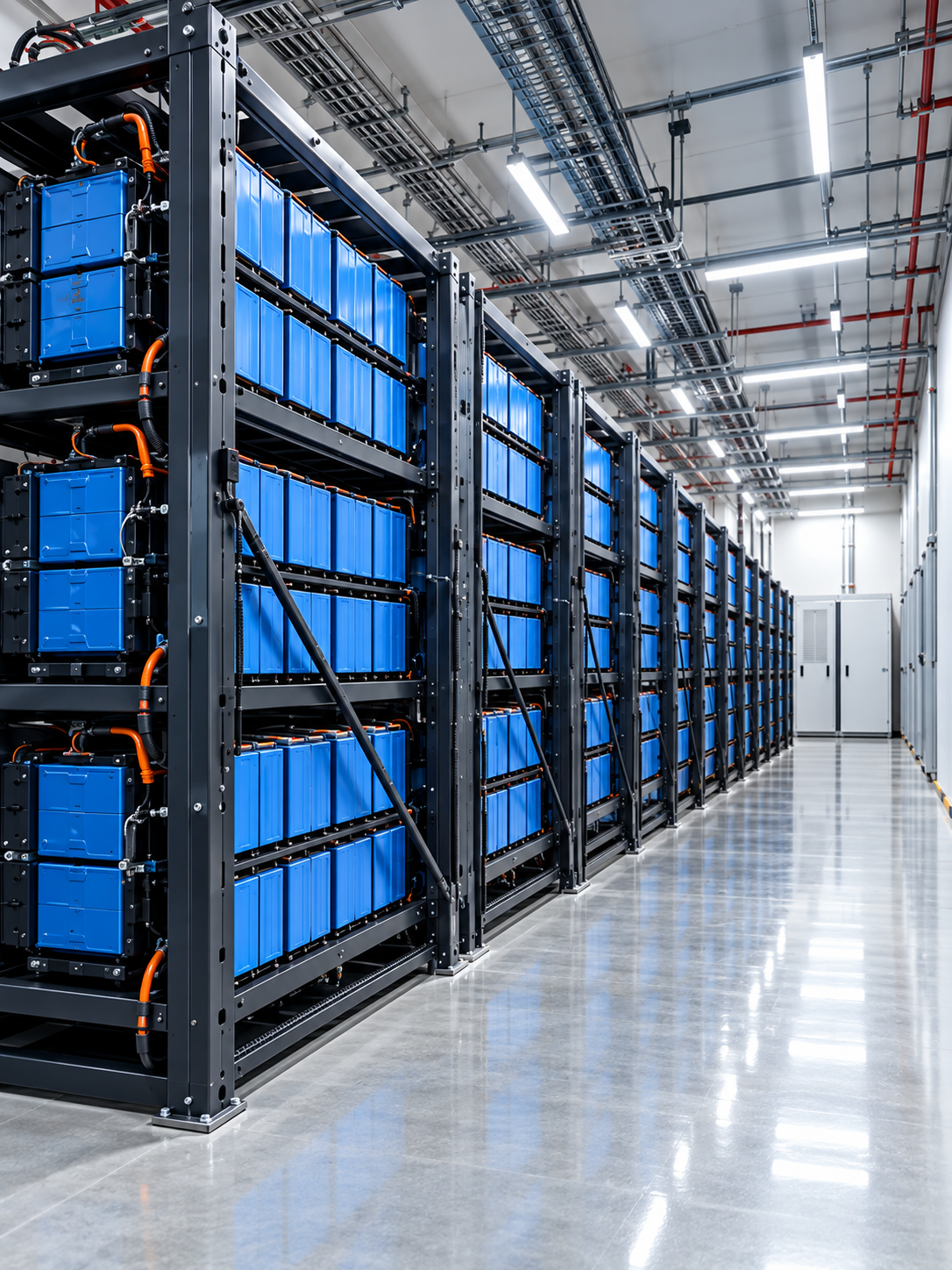 Commercial and Industrial BESS Battery Racks Industrial battery energy storage racks installed inside a commercial BESS facility