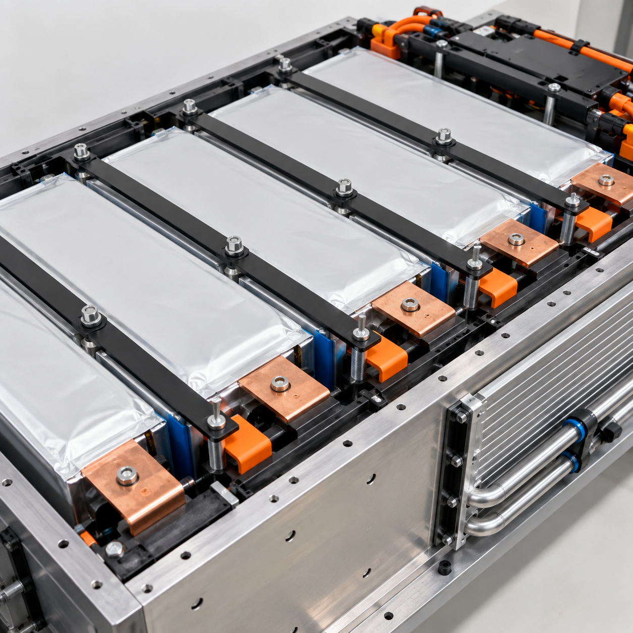 EV Battery Module Using Large-Format NMC Pouch Cells EV battery module with large-format NMC pouch cells, busbars and cooling structure