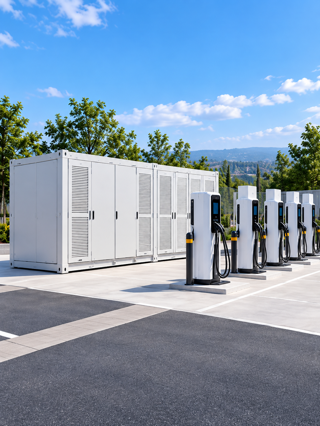 Modular BESS for EV Charging Infrastructure Modular battery energy storage system with multiple EV fast charging dispensers