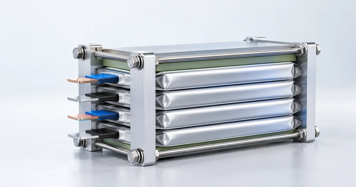 Conceptual lithium-ion pouch cell stack between aluminum end plates with insulated tabs and compression hardware.