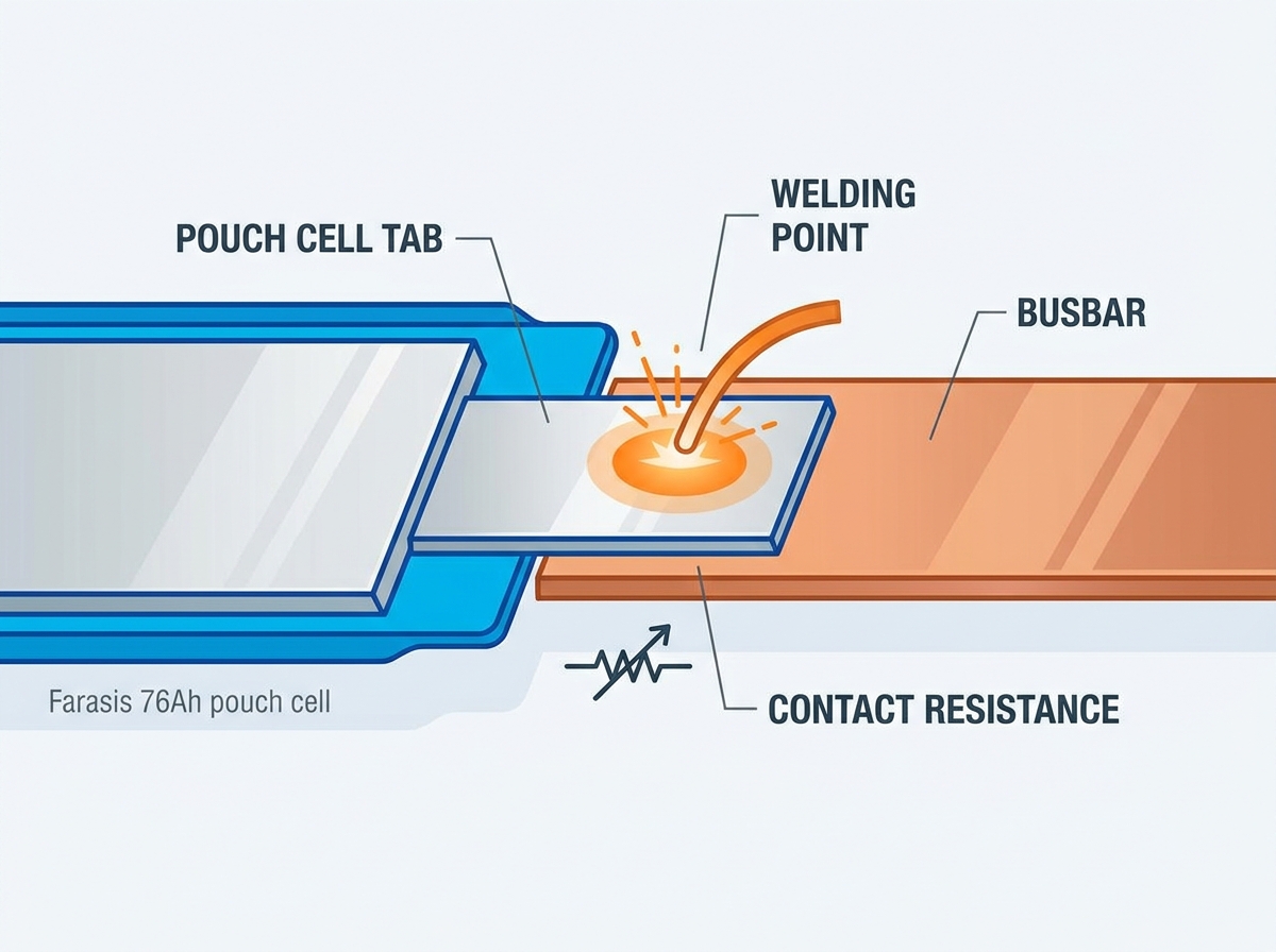 Pouch cell tab connection and busbar assembly