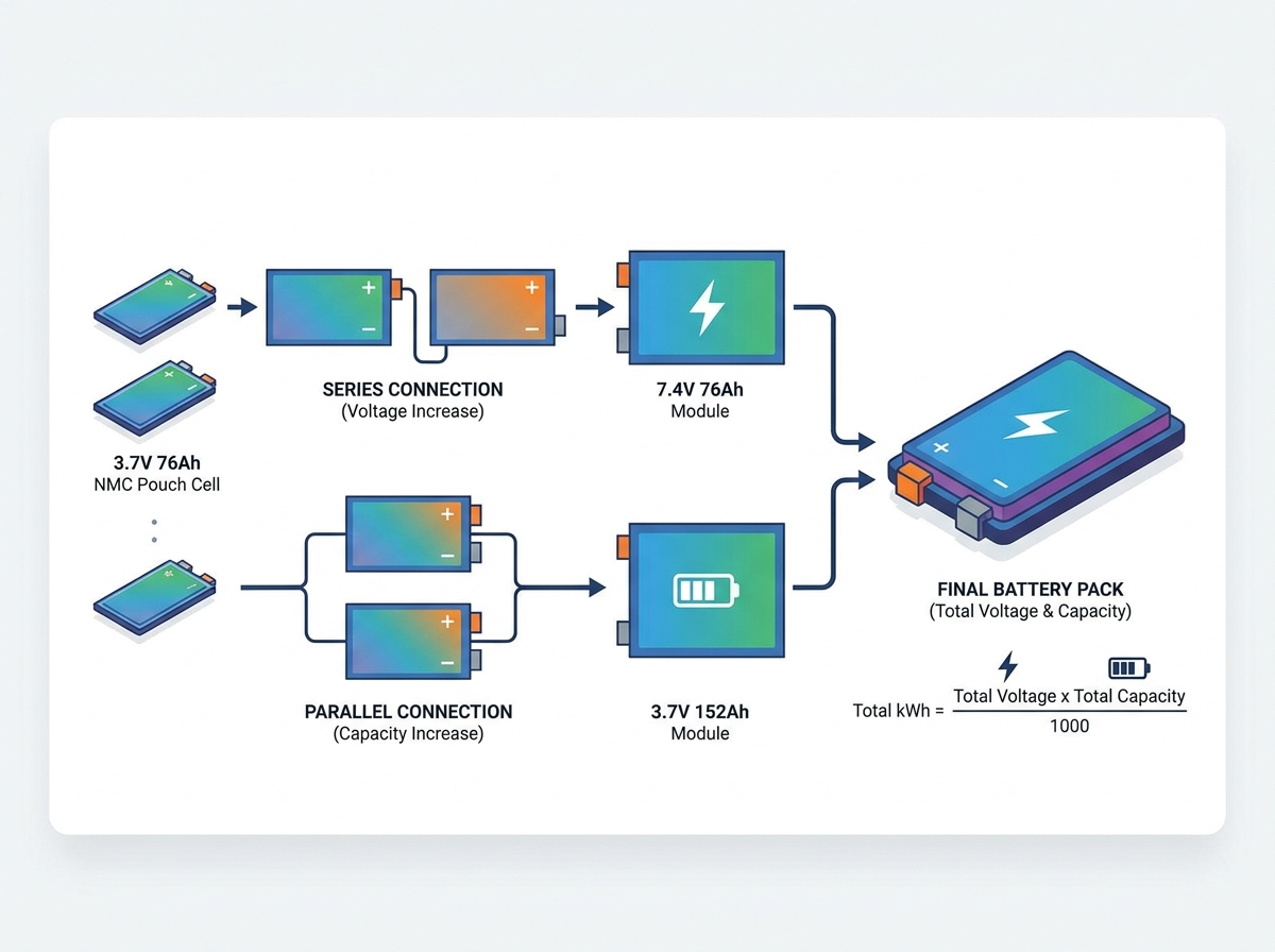 Pouch cell battery pack configuration and assembly
