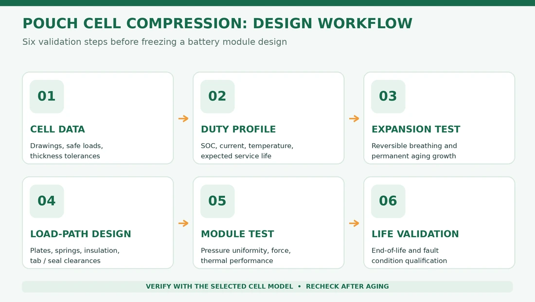 Six-step workflow for cell-specific pouch compression design from cell data and swelling to module validation.