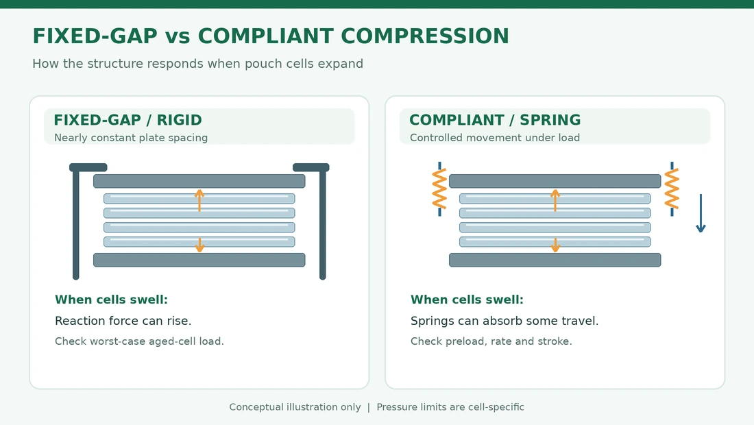 Engineering diagram comparing fixed-gap and compliant compression fixtures for lithium-ion pouch cells.