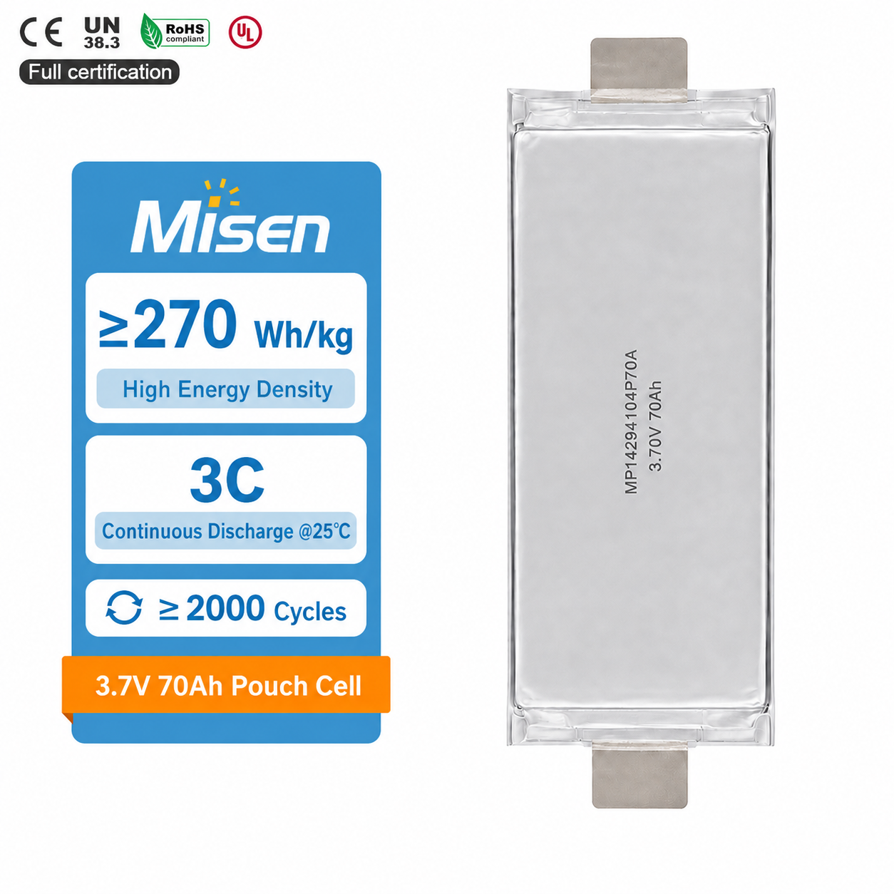 Misen P70A 3.7V 70Ah High Energy Density 3C Lithium-Ion Pouch Cell