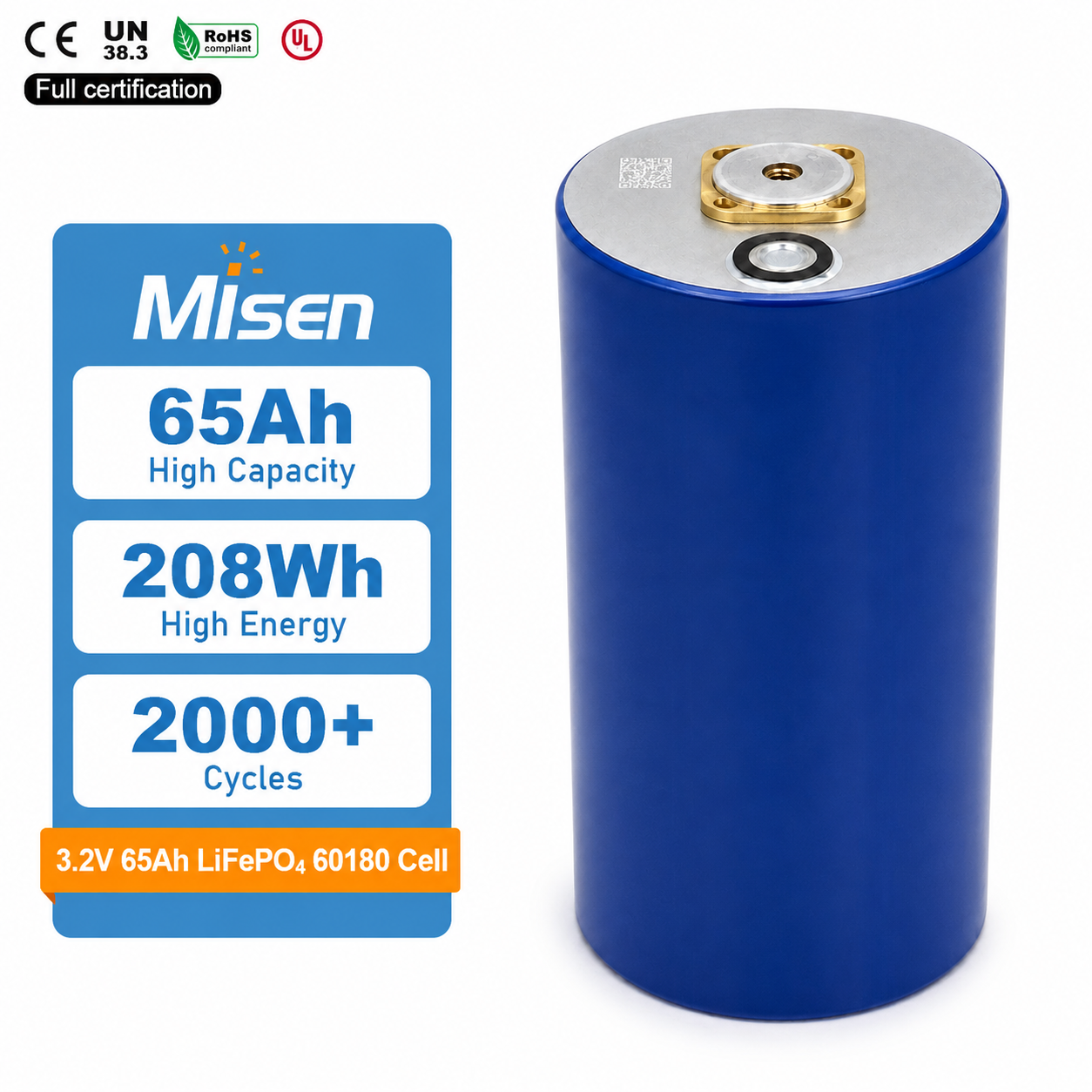 Misen 60180 3.2V 65Ah LiFePO4 Large Cylindrical Battery Cell